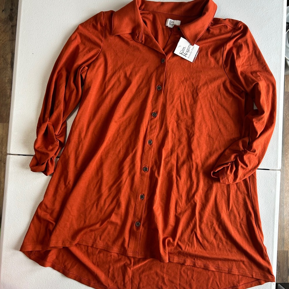Kim Rogers Tunic Button Down Ruched Sleeve Medium Burnt Orange Women‎